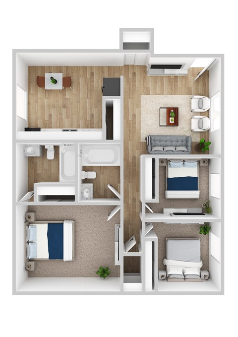 A 3D floor plan of a small apartment with a kitchen, living room, and bedroom.