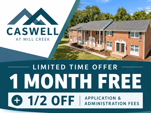 An advertisement for Caswell at Mill Creek offers a free month and half off on application and administration fees.