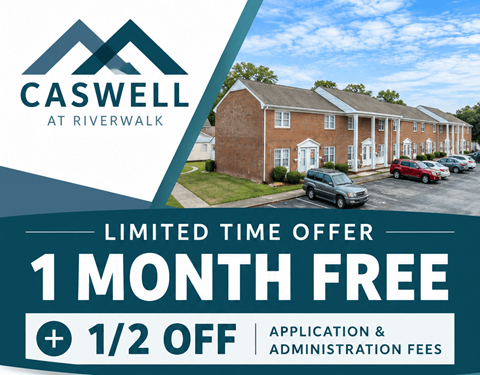 An advertisement for Caswell at Riverwalk offers a 1 month free stay and half off application and administration fees.
