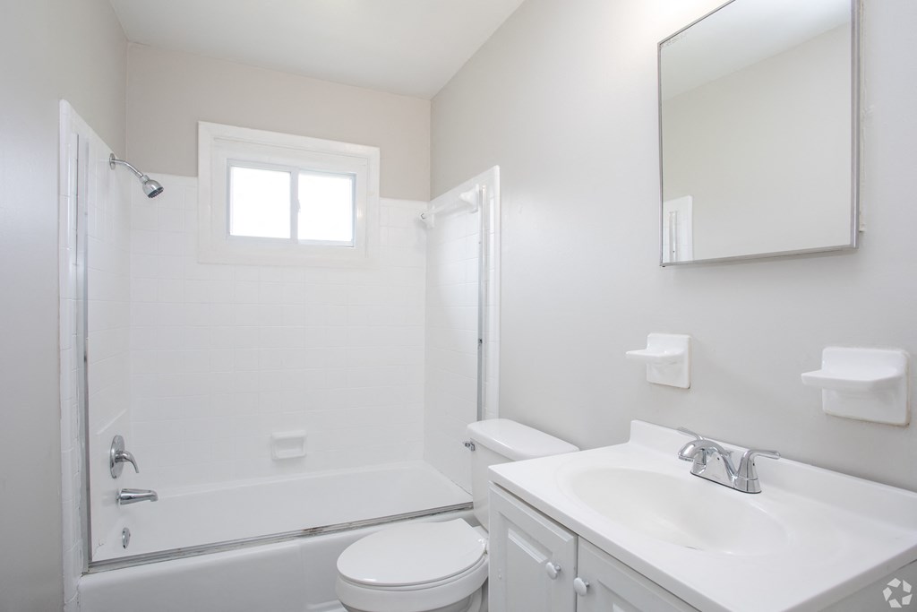 a white bathroom with a shower sink and toilet