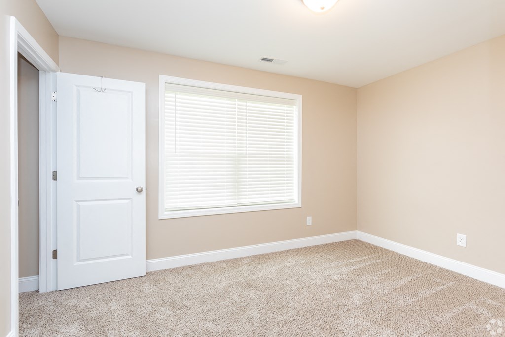 A room with a white door and a window with blinds.