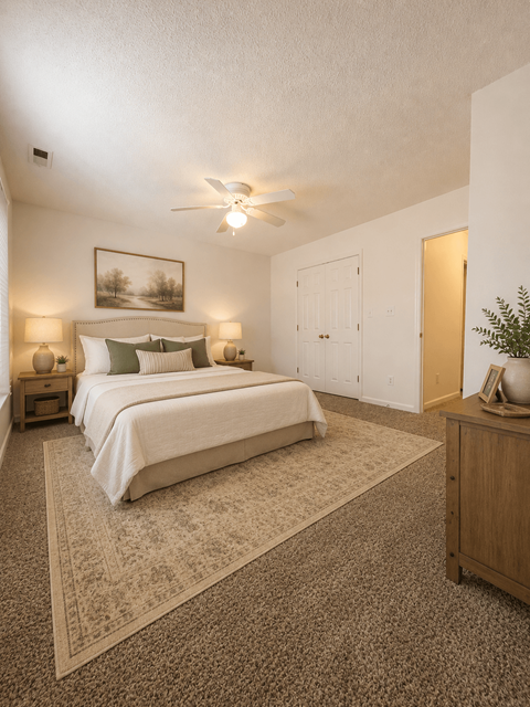 A bedroom with a bed, nightstands, and a ceiling fan.