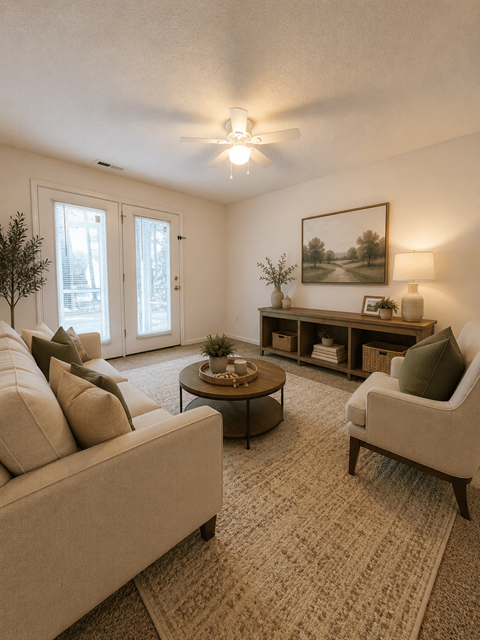 A living room with a couch, chair, and a painting on the wall.