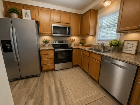A kitchen with wooden cabinets and a refrigerator.