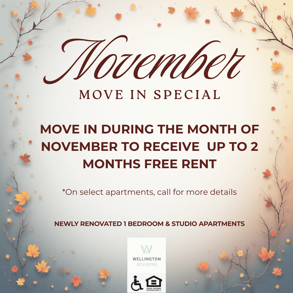 A promotional image for a November move-in special offering up to two months free rent on newly renovated 1 bedroom and studio apartments.