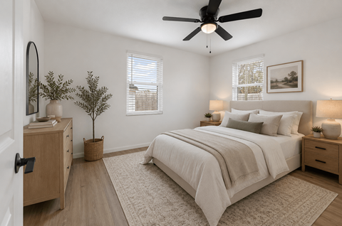 A bedroom with a large bed, a ceiling fan, and a plant on the side table.
