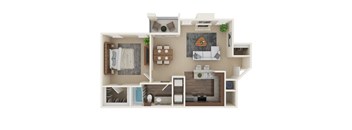 A 3D floor plan of a small apartment with a kitchen, living room, and bedroom.