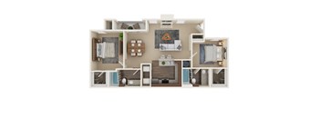 A 3D floor plan of a small apartment with a kitchen, living room, and bedrooms.