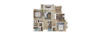 A 3D floor plan of a house layout.
