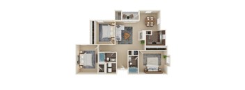 A 3D floor plan of a house with multiple rooms.