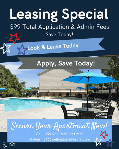 A leasing special advertisement offering $99 total application and admin fees.