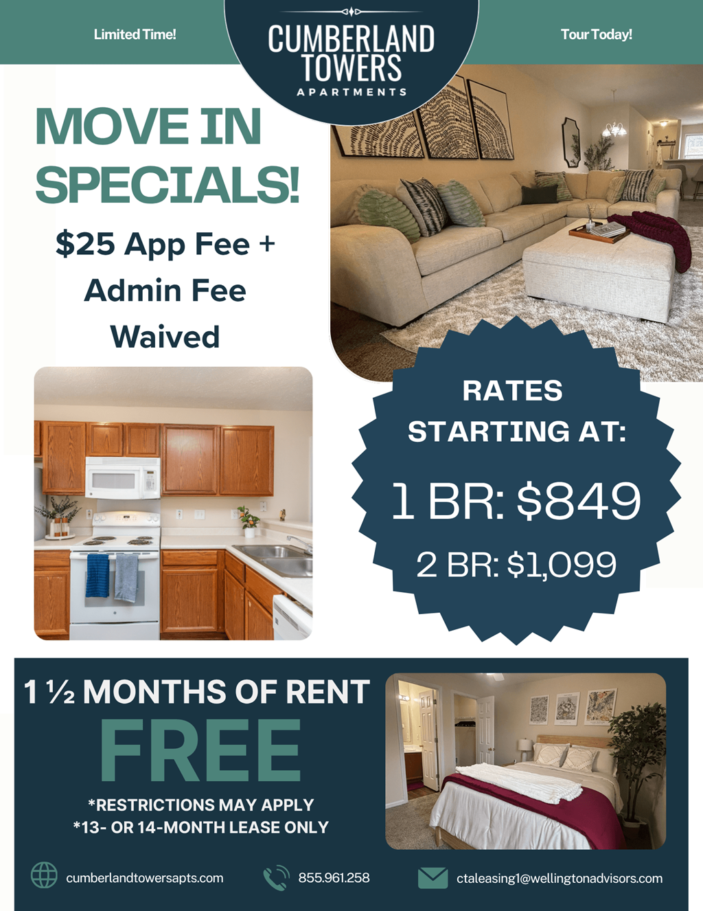 An advertisement for Cumberland Towers Apartments offering move-in specials, including a free first month of rent and waived application and administrative fees.