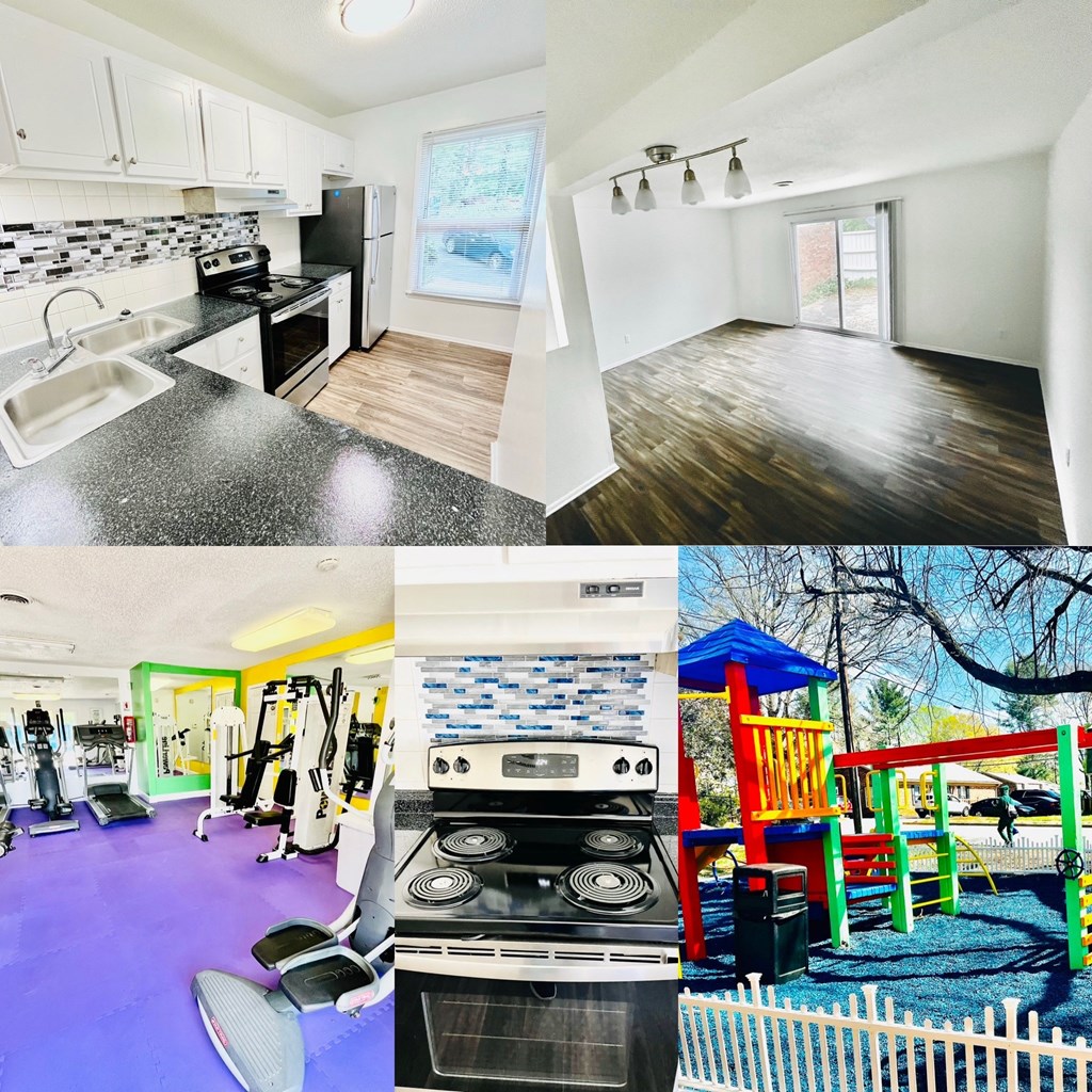 a collage of pictures of a kitchen and a home gym