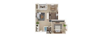 A 3D rendered image of a house layout.