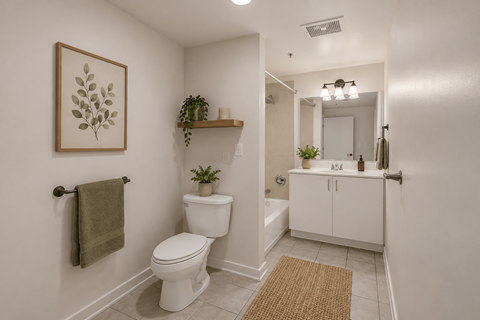 A bathroom with a toilet, a mirror, and a plant.