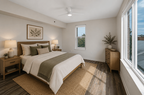 A bedroom with a bed, nightstands, and a window overlooking a body of water.