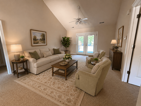 A living room with a couch, chair, and table.