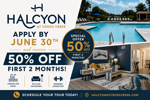A promotional image for Halcyon at Cross Creek offering a 50% discount for the first two months.