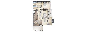 A floor plan of a house with a kitchen, living room, and two bedrooms.