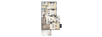 A floor plan of a house with a kitchen, living room, dining room, and bathrooms.