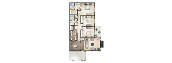 A floor plan of an apartment with a kitchen, living room, and three bedrooms.
