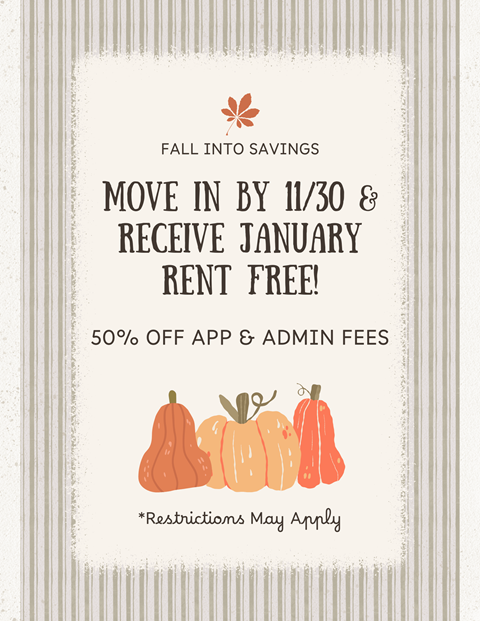 A promotional image offering a January rent-free move for a Fall Into Savings deal.