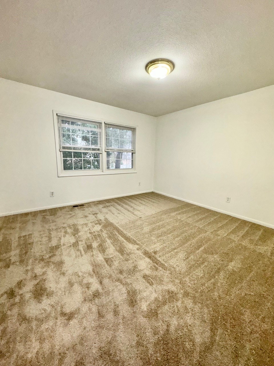 A room with a carpeted floor and a window.