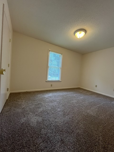 A room with a carpeted floor and a window.