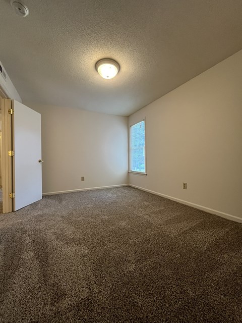 A room with a carpeted floor and a window letting in light.