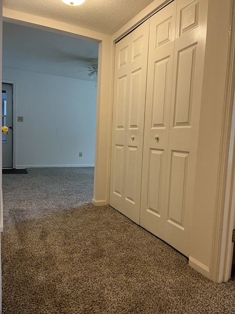 A white door is closed in a room with carpeted floor.