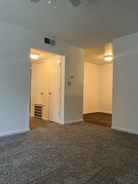 A room with a carpeted floor and a ceiling fan.