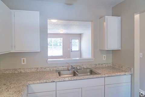 A kitchen with a sink and cabinets.