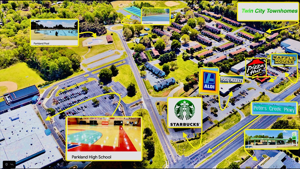 a map of the city townhomes with highways and parking lots