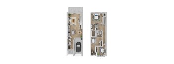 A floor plan of a two-bedroom apartment with a garage.