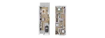 A floor plan of a two-story apartment with a garage and a balcony.