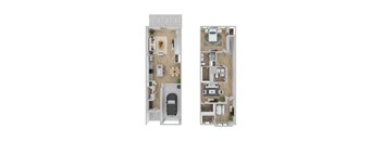 A floor plan of a two-story apartment with a garage.