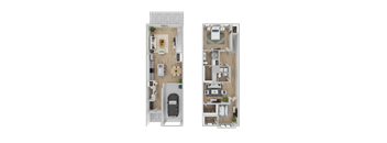 A floor plan of a two-bedroom apartment with a kitchen, living room, and bathroom.
