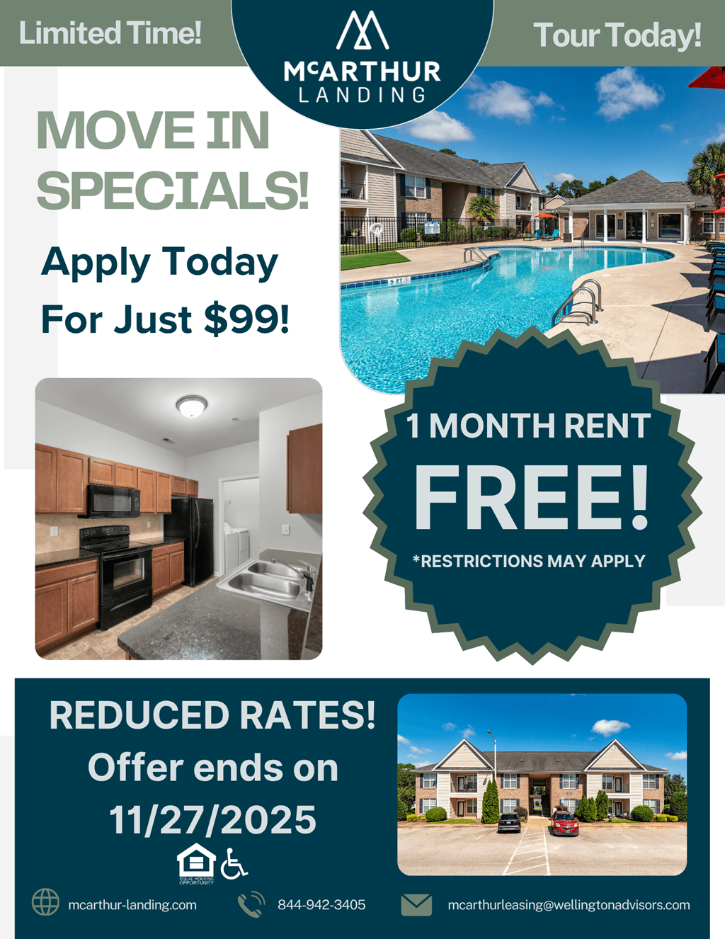 A promotional image for McArthur Landing advertises a special move-in offer for $99 with a free one-month rent, ending on November 27, 2025.