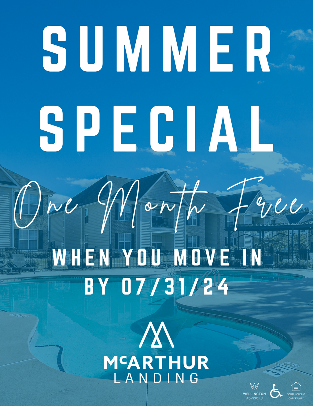 a poster of a swimming pool with the words summer special on one month free when