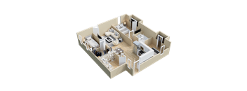 A 3D rendered image of a house layout.