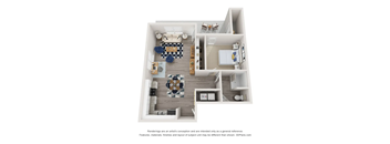 A 3D floor plan of a house with a kitchen, living room, dining room, and two bedrooms.