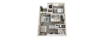 a 3d floor plan of a 1 bedroom apartment at the crossings at white marsh apartments in