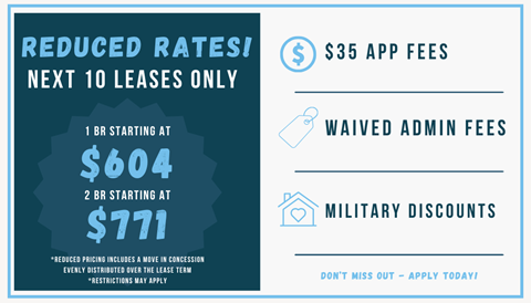 A promotional image advertising reduced rates and app fees for the next 10 leases.