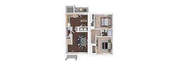 A floor plan of a two-bedroom apartment with a kitchen, living room, and bathroom.