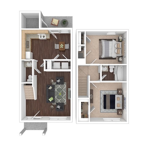 A floor plan of a two-bedroom apartment with a kitchen, living room, and bathroom.