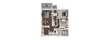 A 3D rendered image of a house layout.