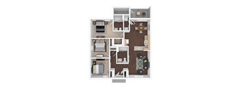 A top-down view of a house layout with multiple rooms.