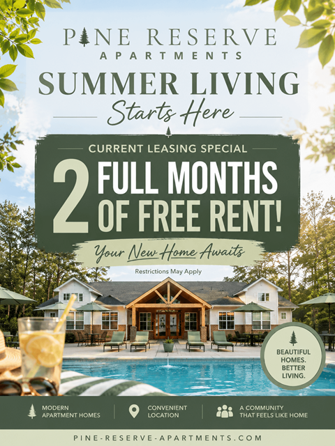 A poster advertising Pine Reserve Apartments with a promotion for 2 full months of free rent.