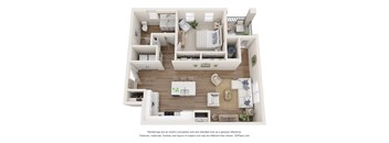 A 3D floor plan of a house with a kitchen, living room, and bedrooms.