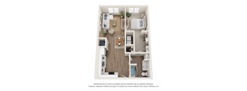 A 3D floor plan of a small apartment with a kitchen, living room, and bathroom.